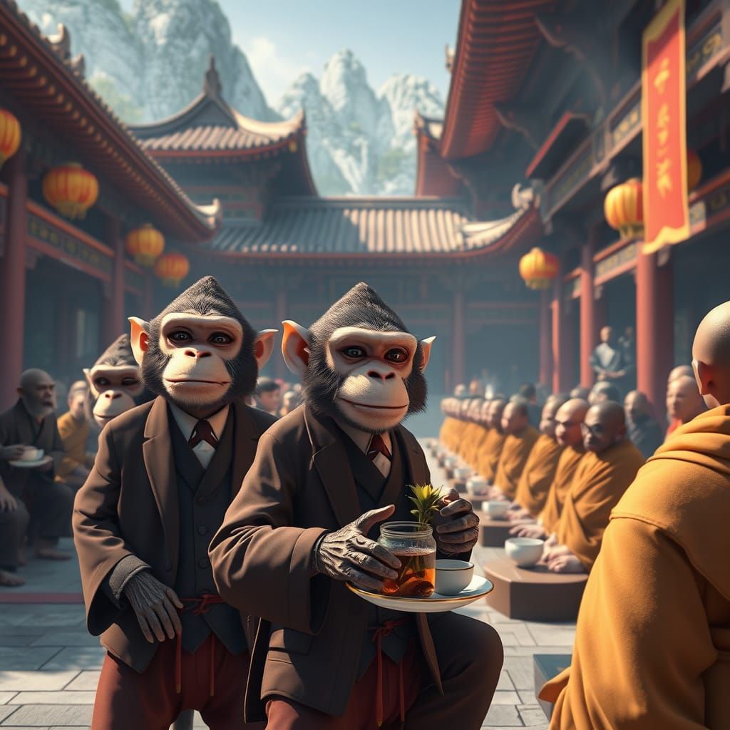 Shaolin Monkeys Serve Meditating Monks: 3D Anime Art