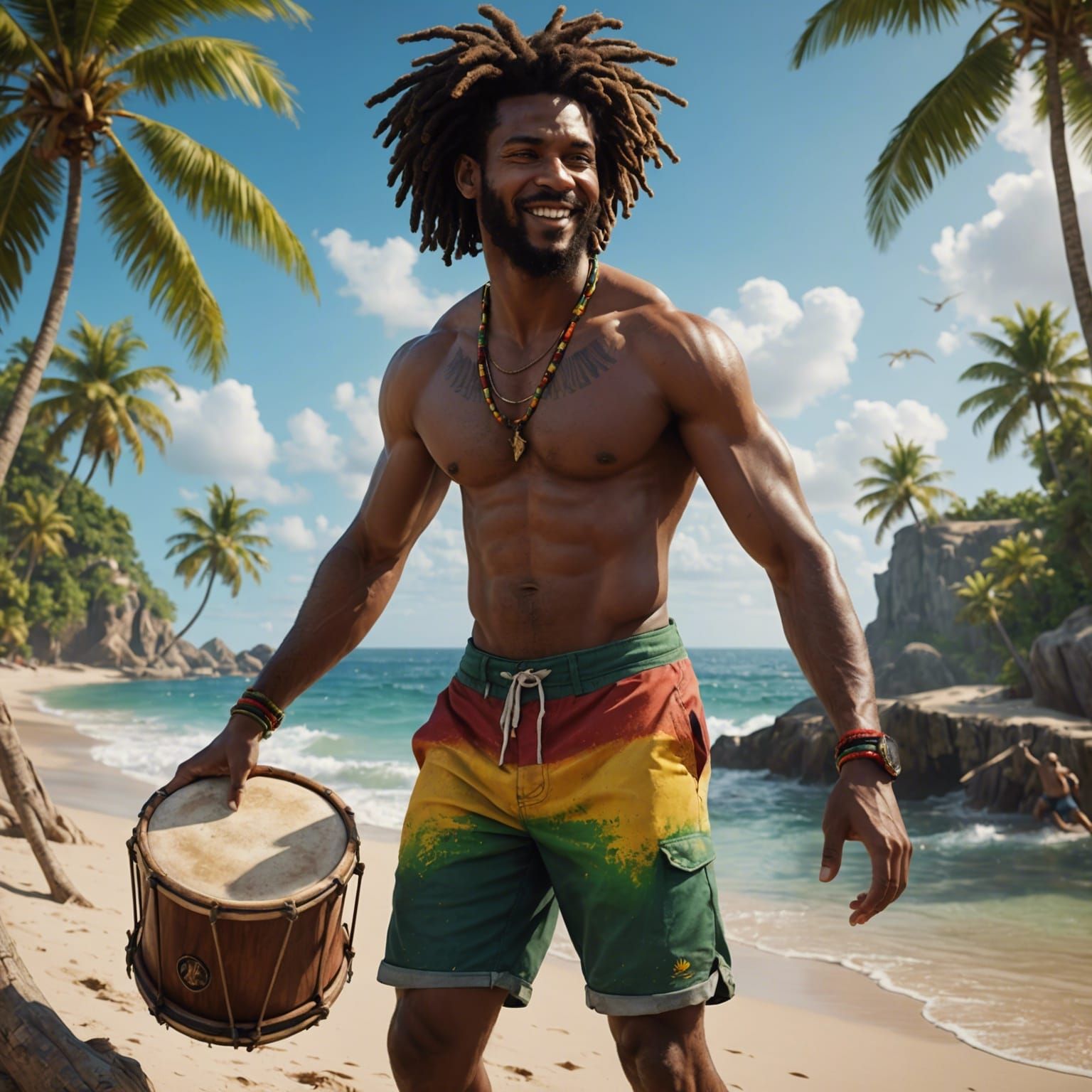 Man at Beach with Reggae Drummers: Detailed Matte Painting