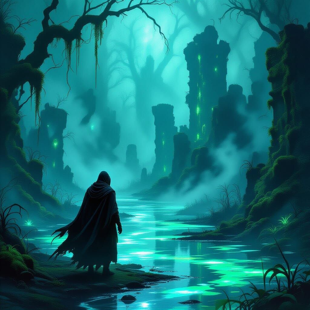 Bioluminescent Swamp Wanderer Amidst Ancient Ruins