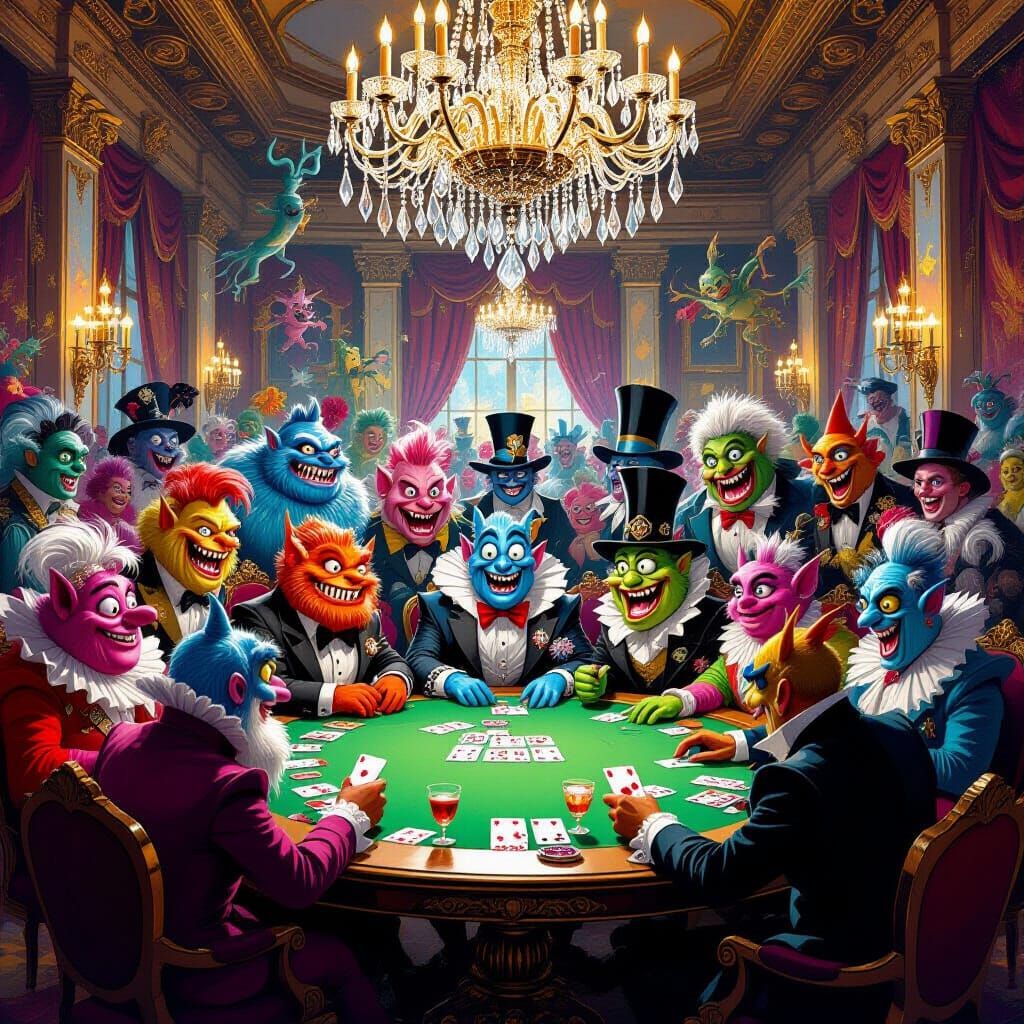 Whimsical Monsters Play Cards in Opulent Ballroom