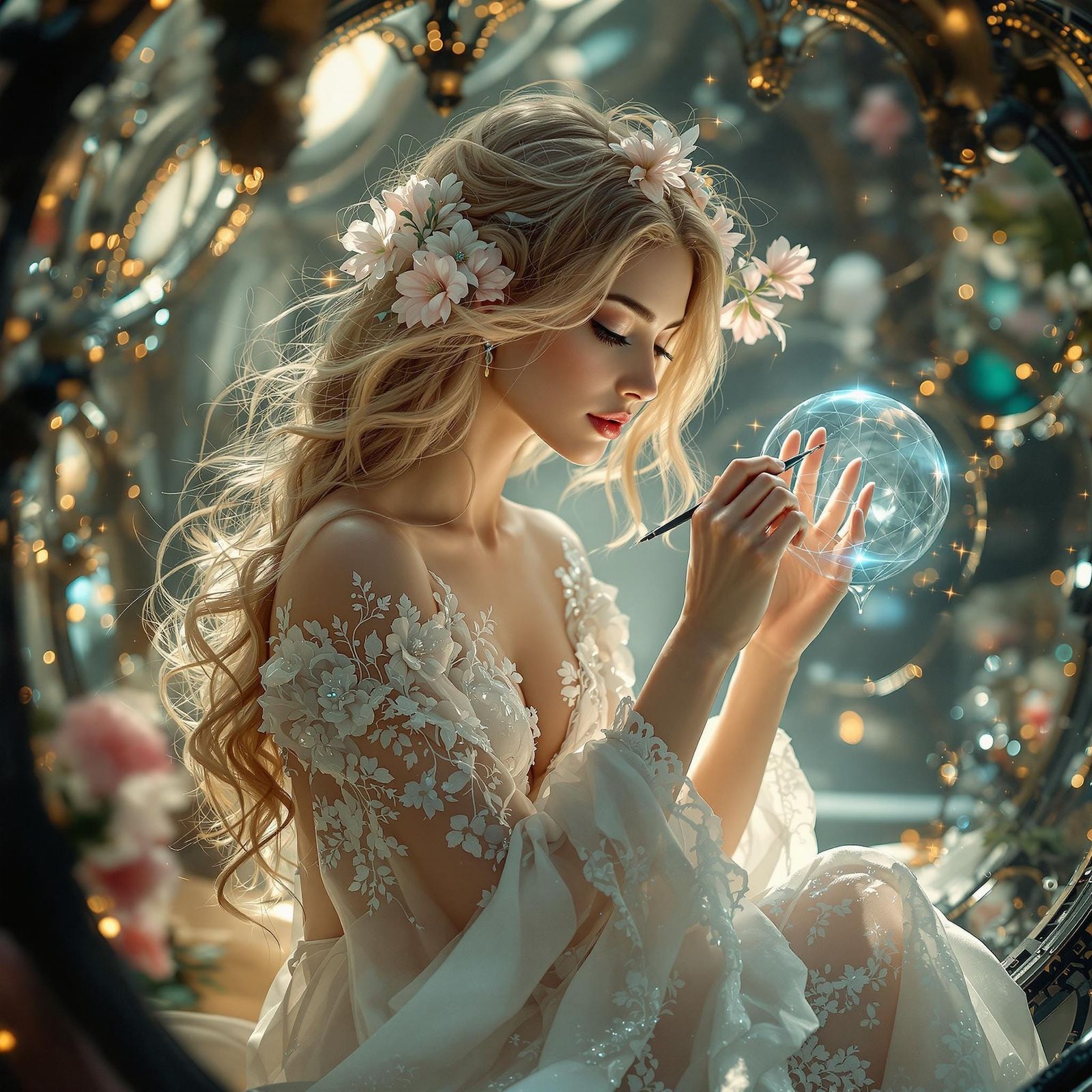 Woman Crafts Sphere in Cybernetic Boudoir