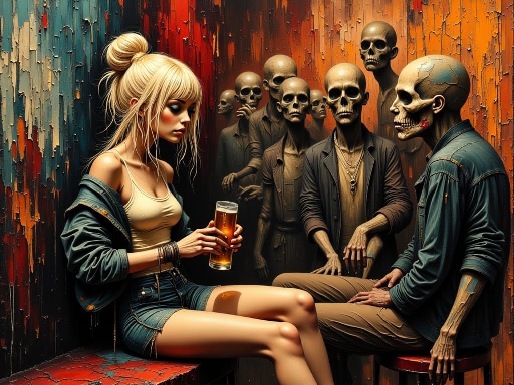 Beautiful Woman Amidst Zombies in Drip Paint Style