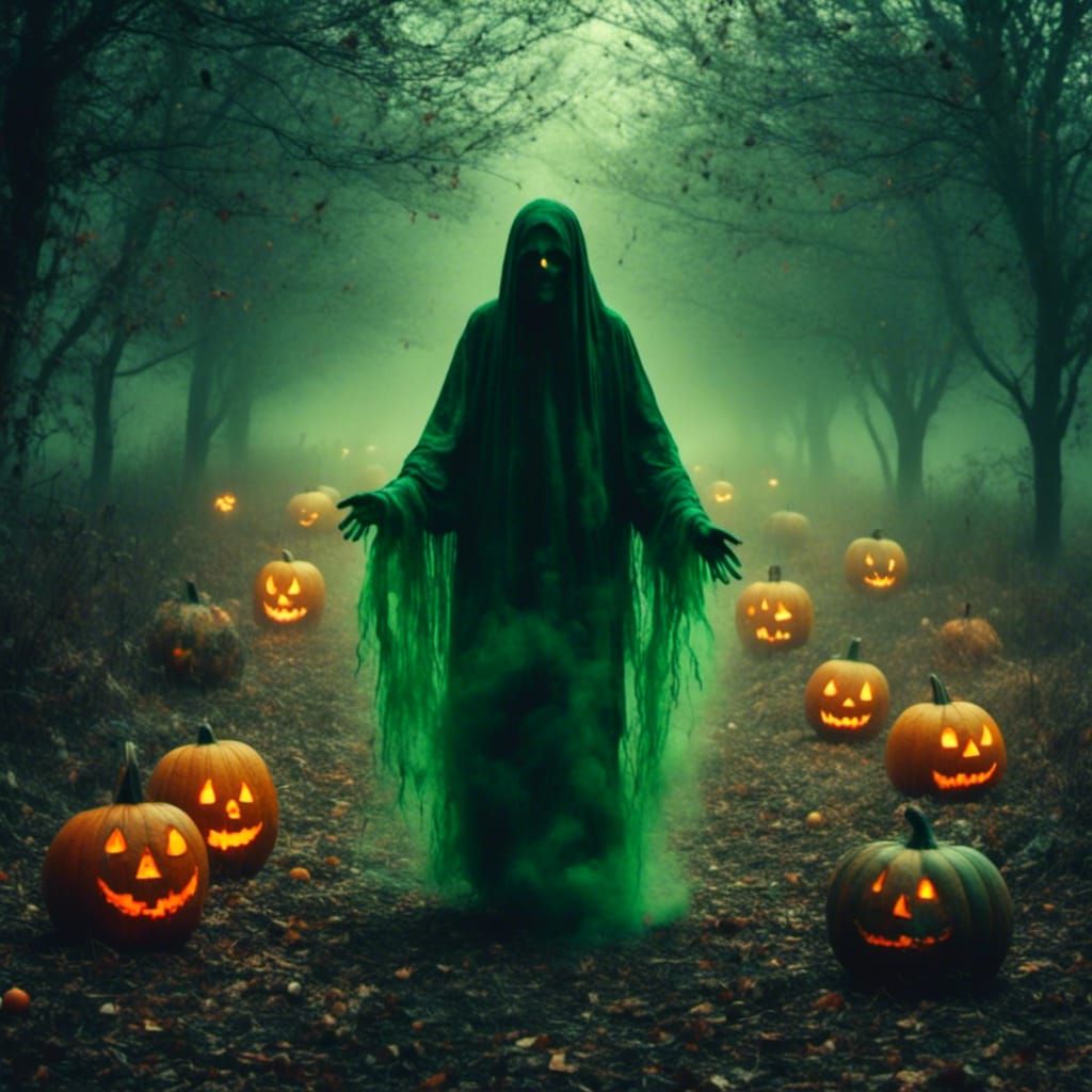 Ghostly Graveyard Scene with Flying Ghosts and Pumpkins