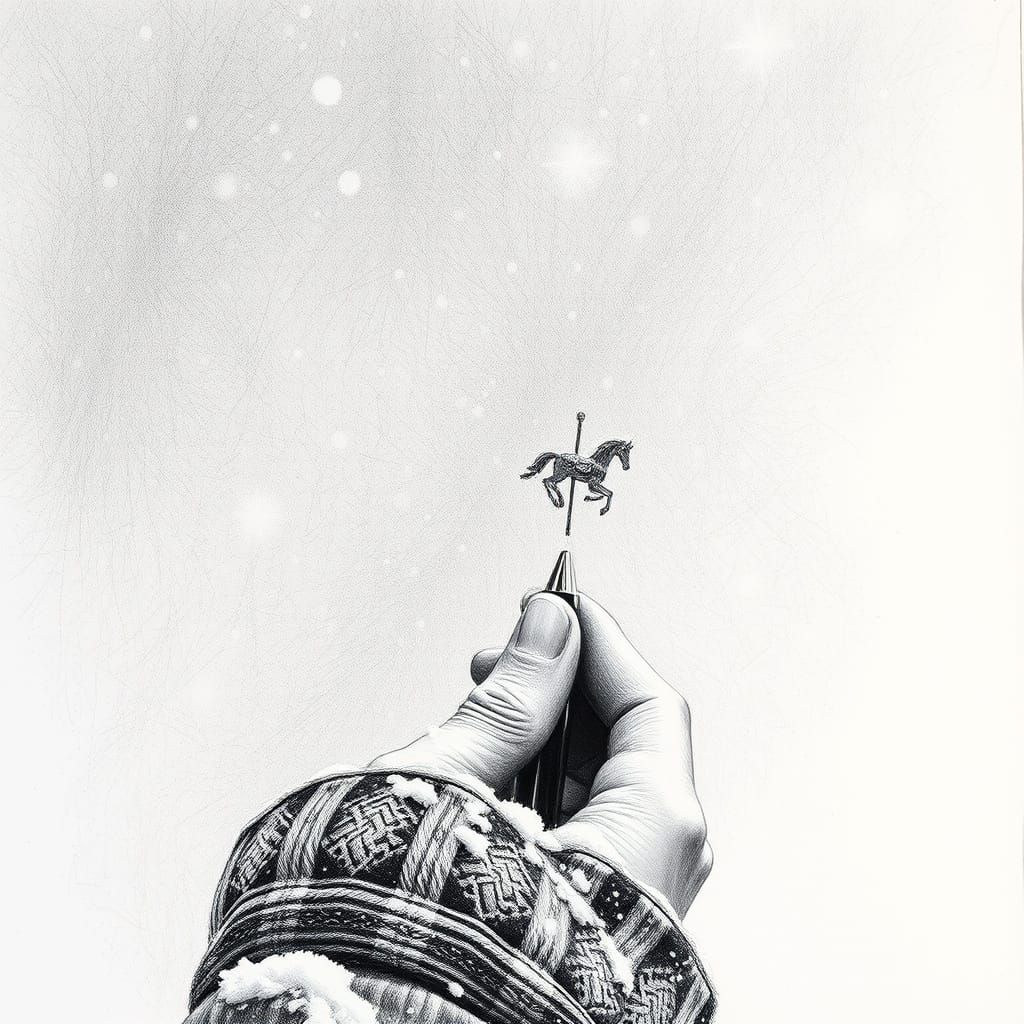 Charcoal Drawing of Snowfall and Ethereal Carousel
