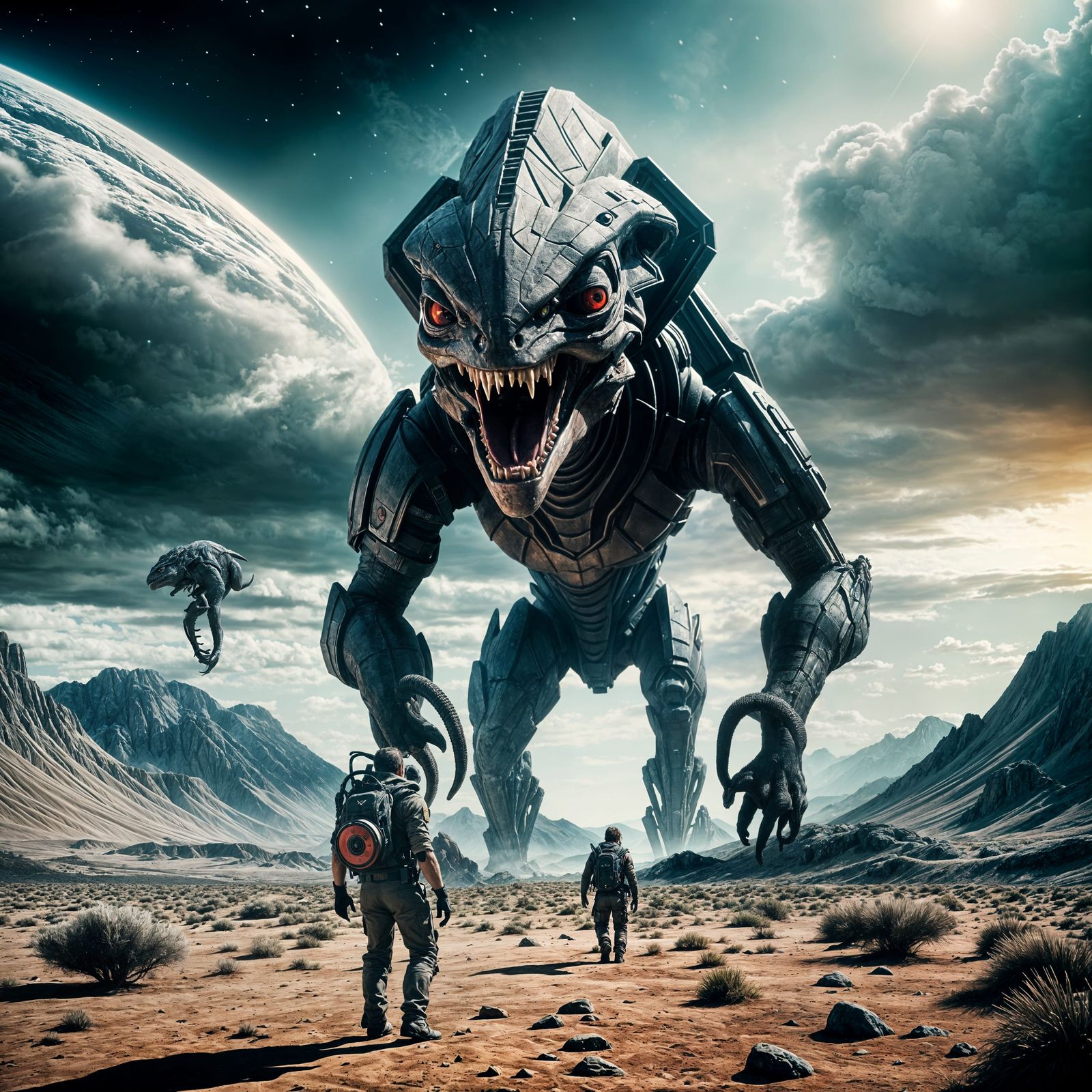 Cinematic Alien Dinosaur: Epic Film Still