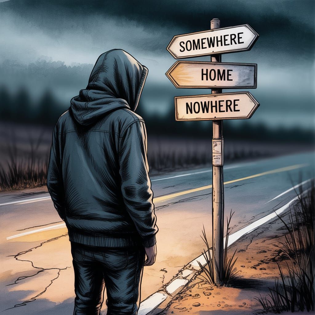 Solitary Figure at Dusk Crossroads: Watercolor and Pencil