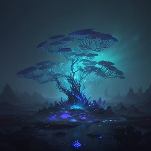 Bioluminescent Plant Creature in Starry Environment