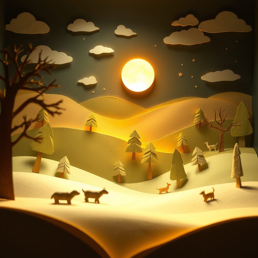 Whimsical Paper Art World in Golden Nightlight
