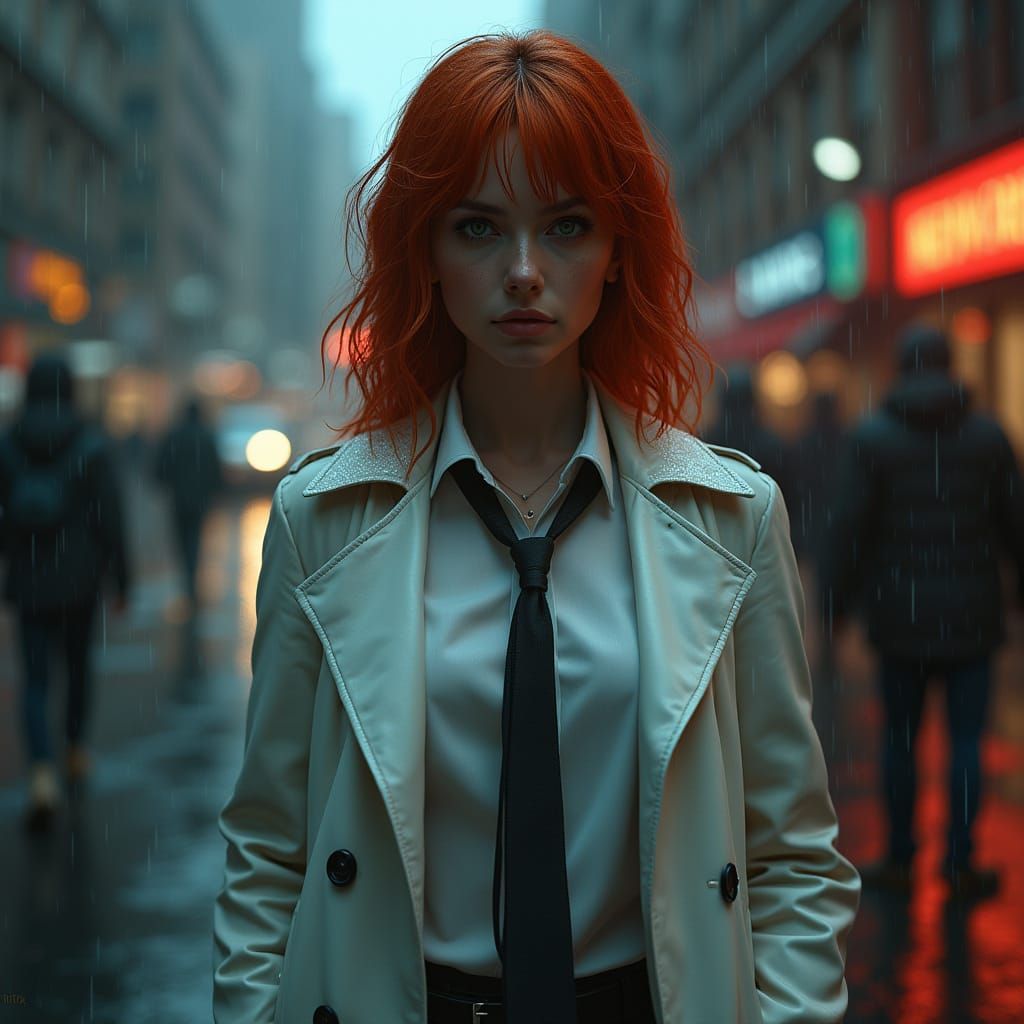 Red-Haired Woman at Crime Scene in Noir Style