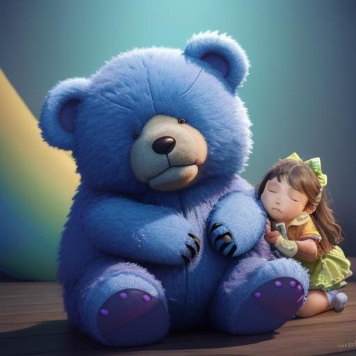 A cuddly teddy bear being cuddled by a little girl while suc...