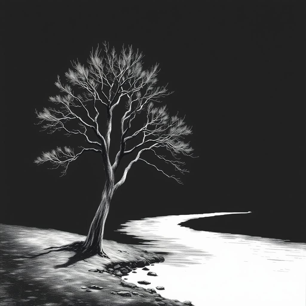 Scratchboard art minimalist black and white picture of a tree by a river