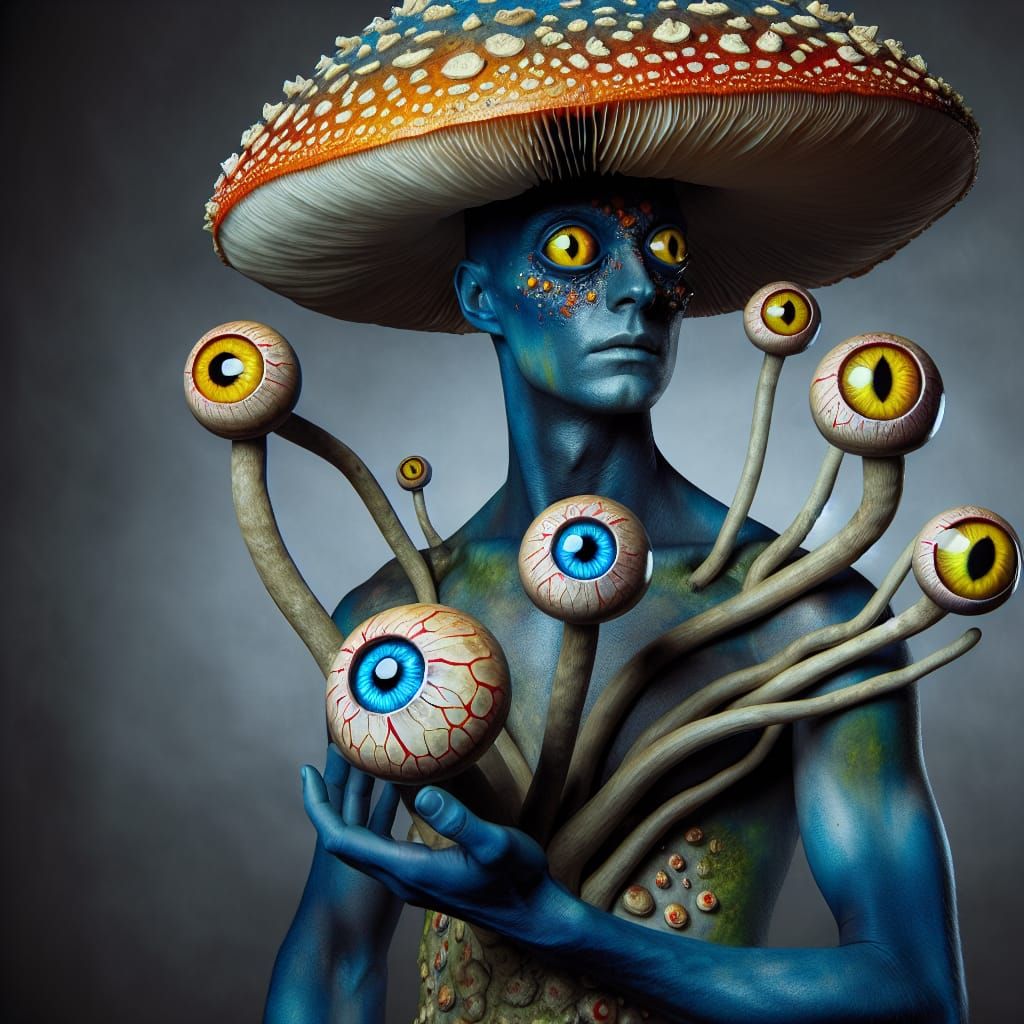 Mushroom Head Character with Sprouting Eyes