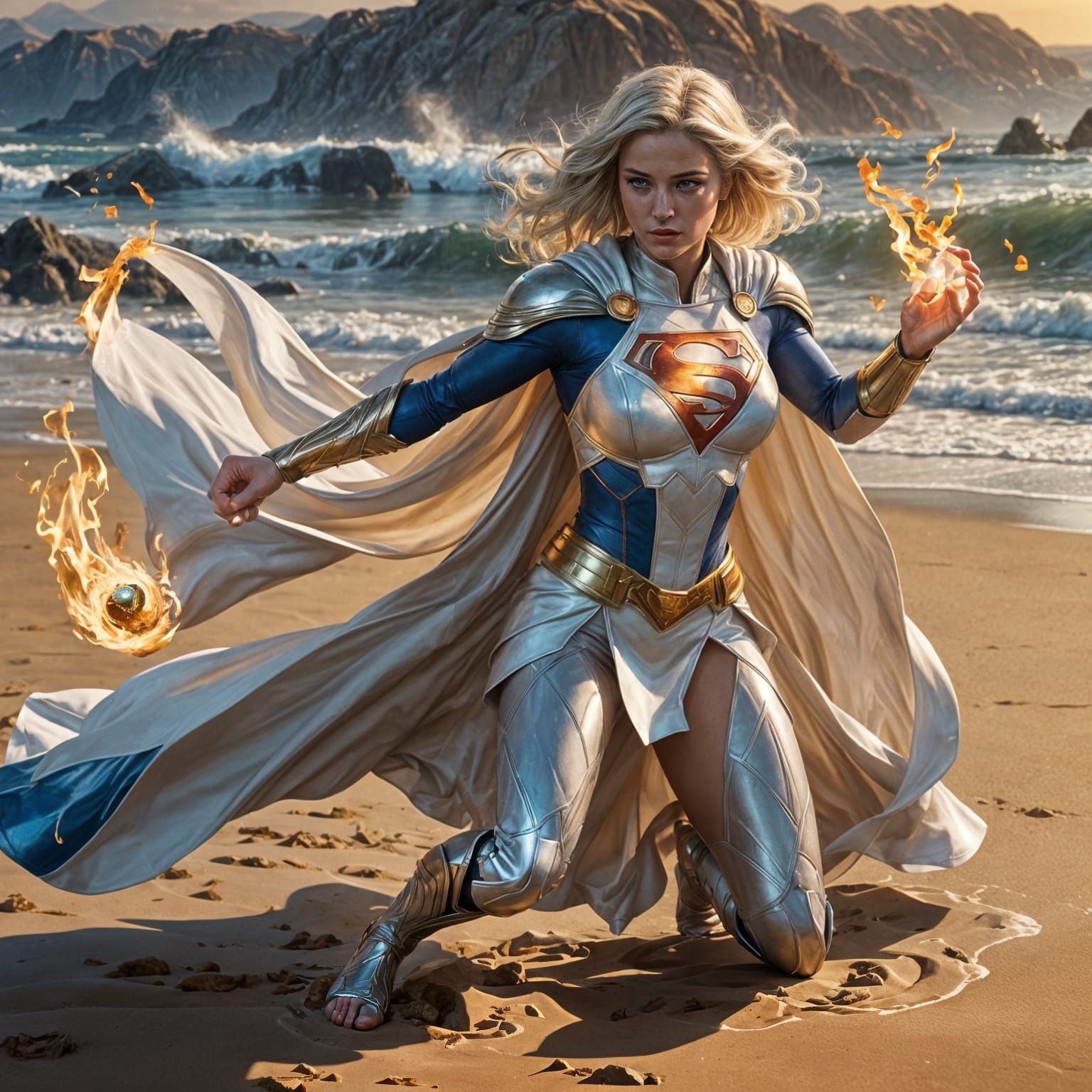 Supergirl Firebending on Beach in Comic Book Style