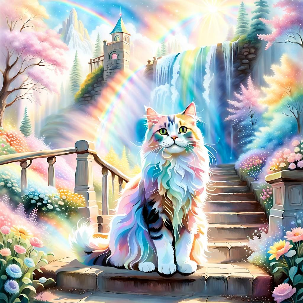 Whimsical Pastel Stairway to Heaven with Gentle Rainbow Fall...