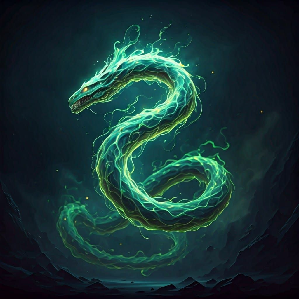 Mystical Green Hydrogen Serpent in Celestial Landscape