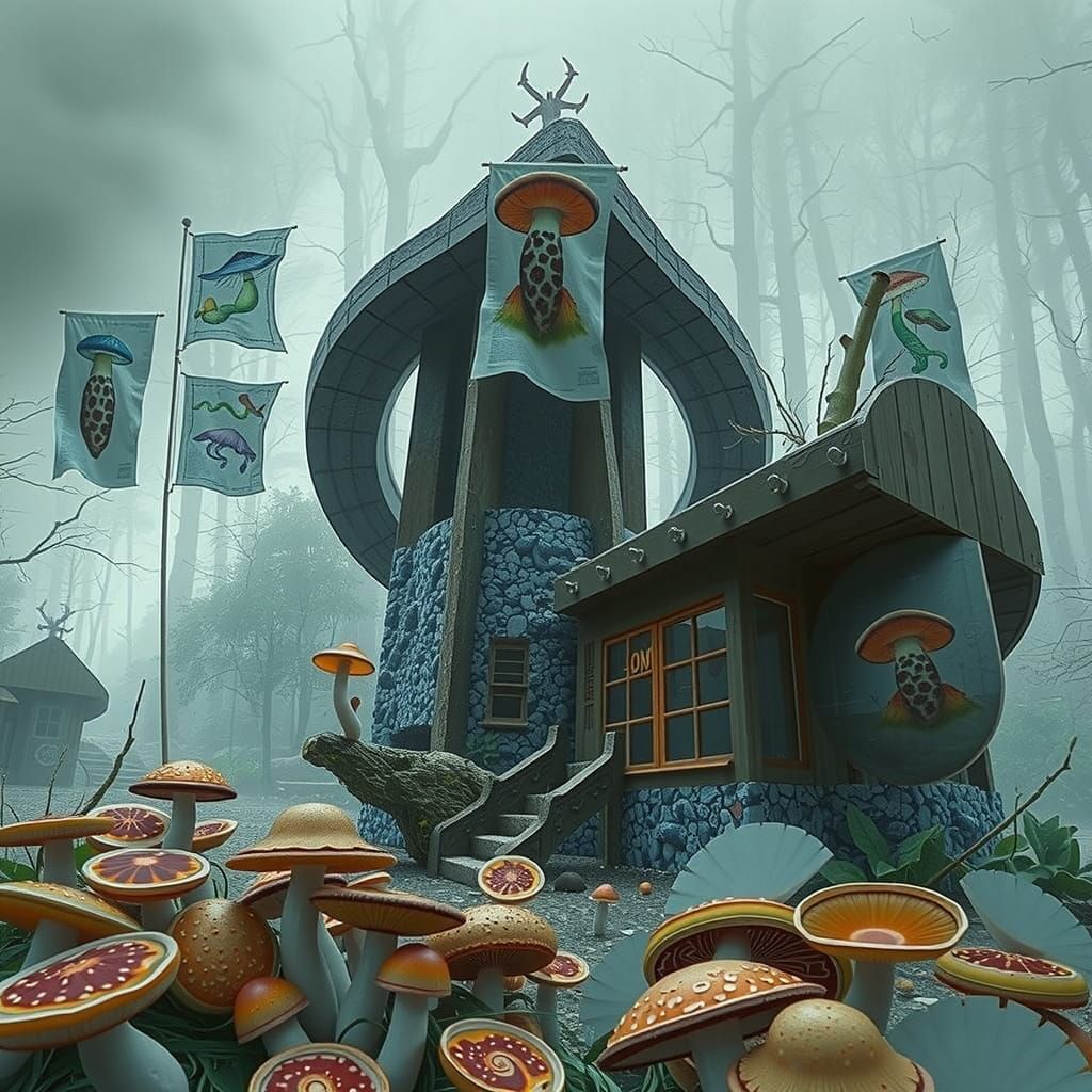 Surreal Forest Scene in Modernist Brutalist Style