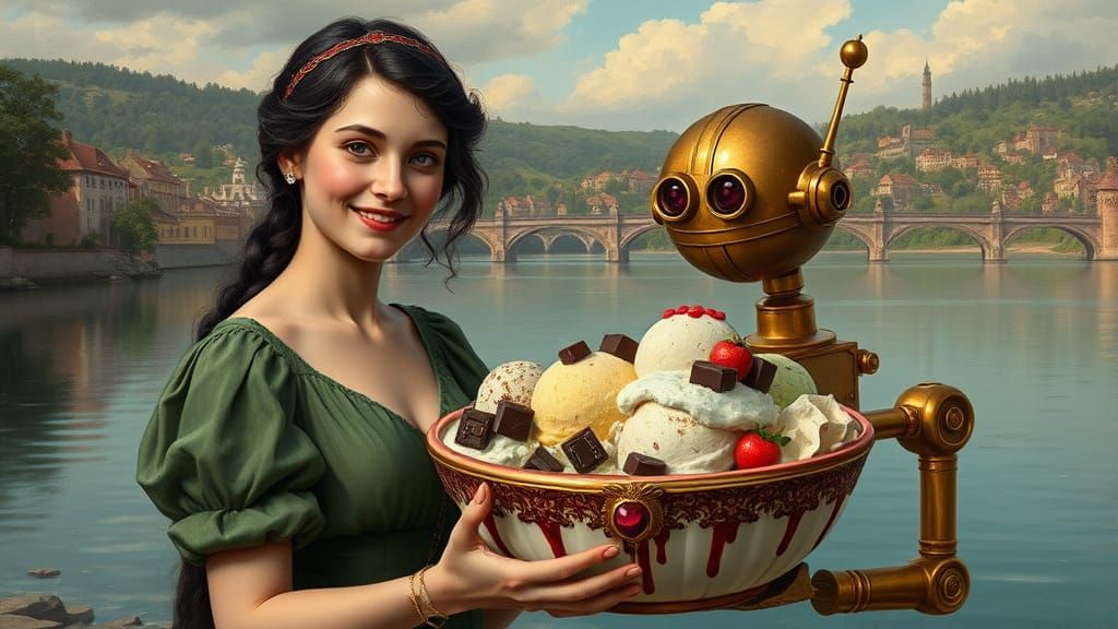Fairy Receives Ice Cream from Robot: Oil Painting