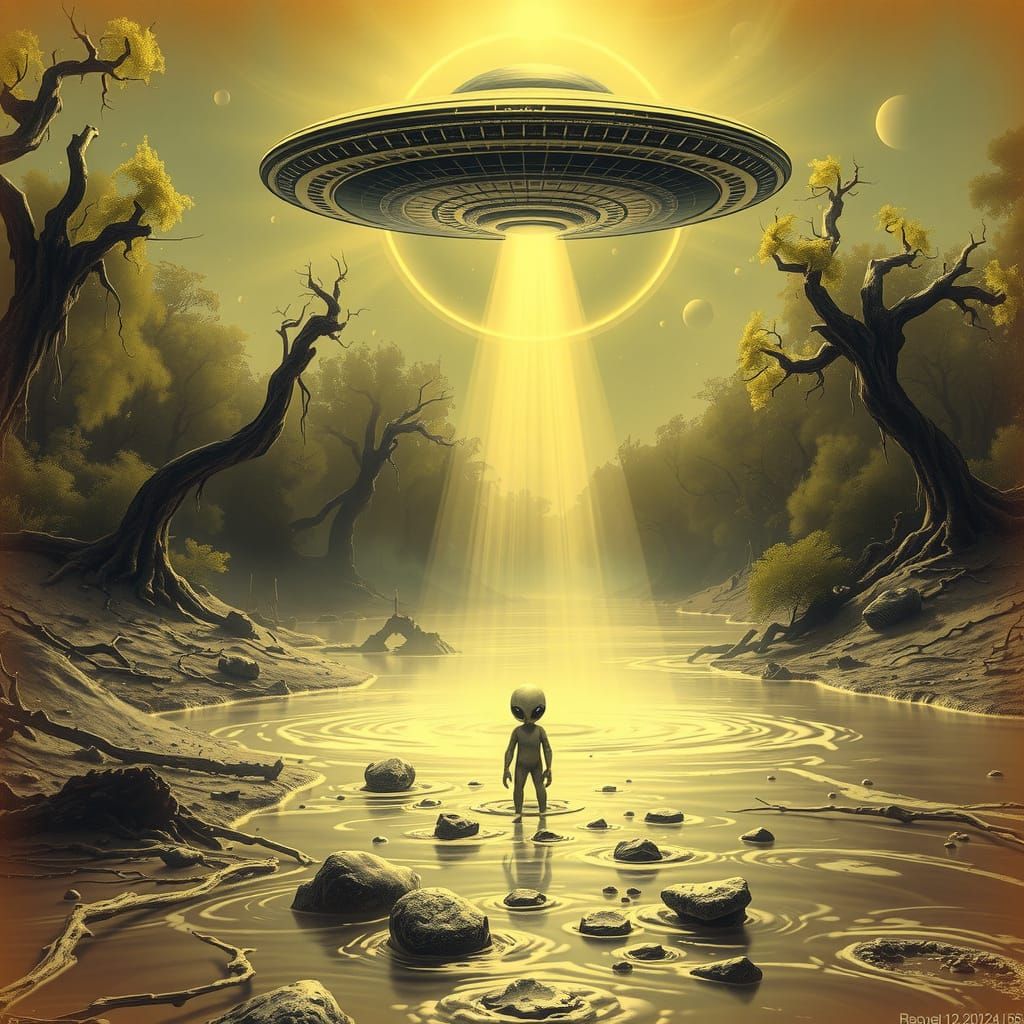 Surreal Riverbed with UFO and Alien, in Giger Style