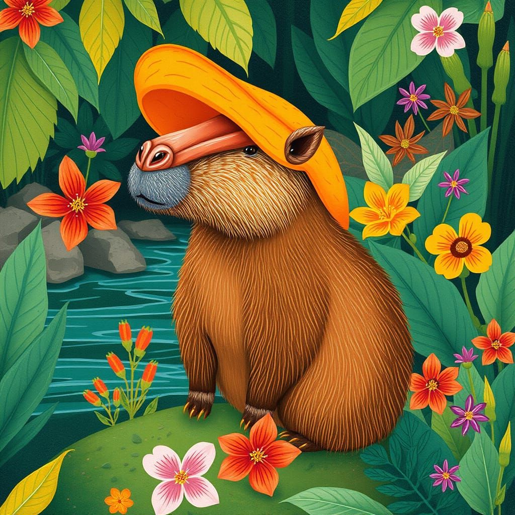 Whimsical Capybara in Bright Orange Duckbill Hat