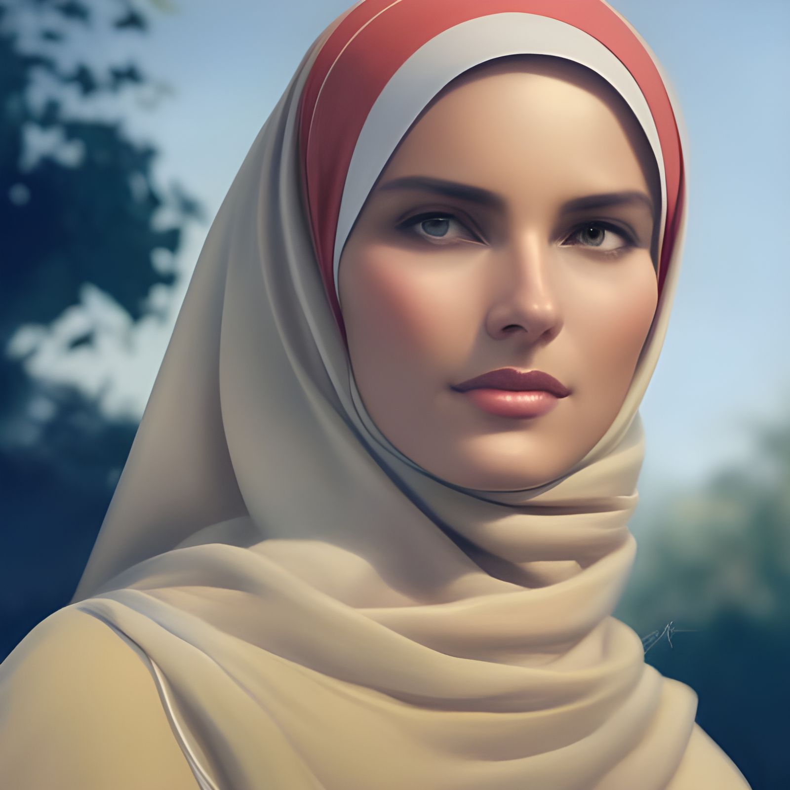 German Woman in Hijab: Detailed Garden Portrait
