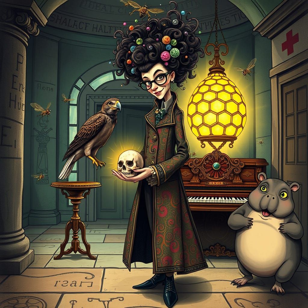 Eccentric Headmistress in Whimsical Hellish Hospital Scene