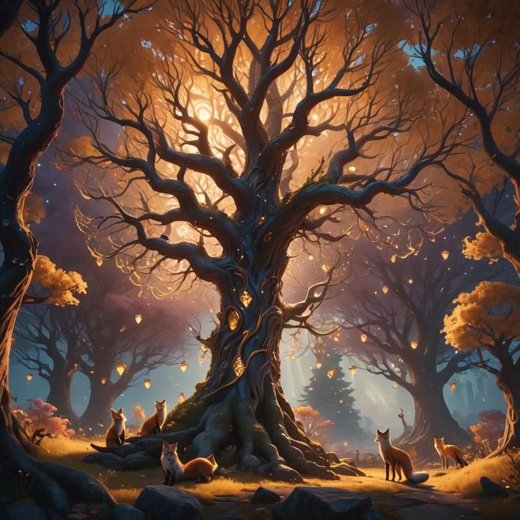 Foxes Gather Around Iridescent Tree: Fantasy Matte Painting