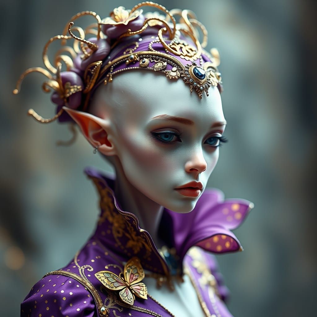 Surreal Goddess Adorned in Lavish Purple and Gold Attire