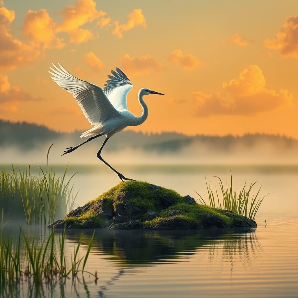 Crane Takes Flight in Misty Golden Light