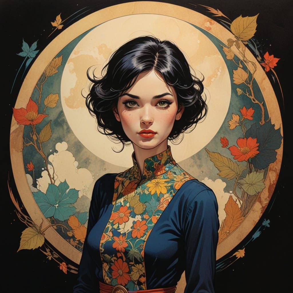 Cartoon Asian Girl in Retro Comic Book Style