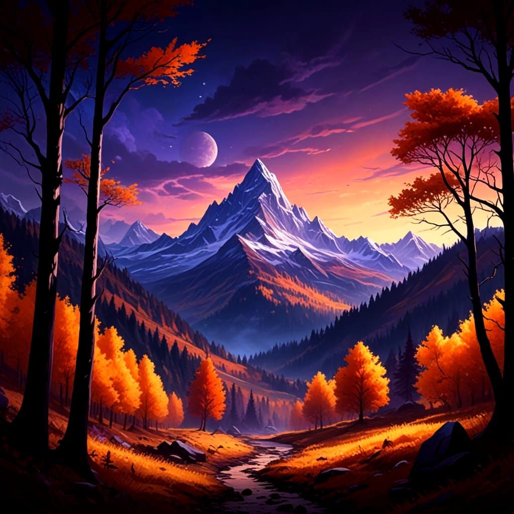 Golden Autumn Forest Path Under Purple Night Sky