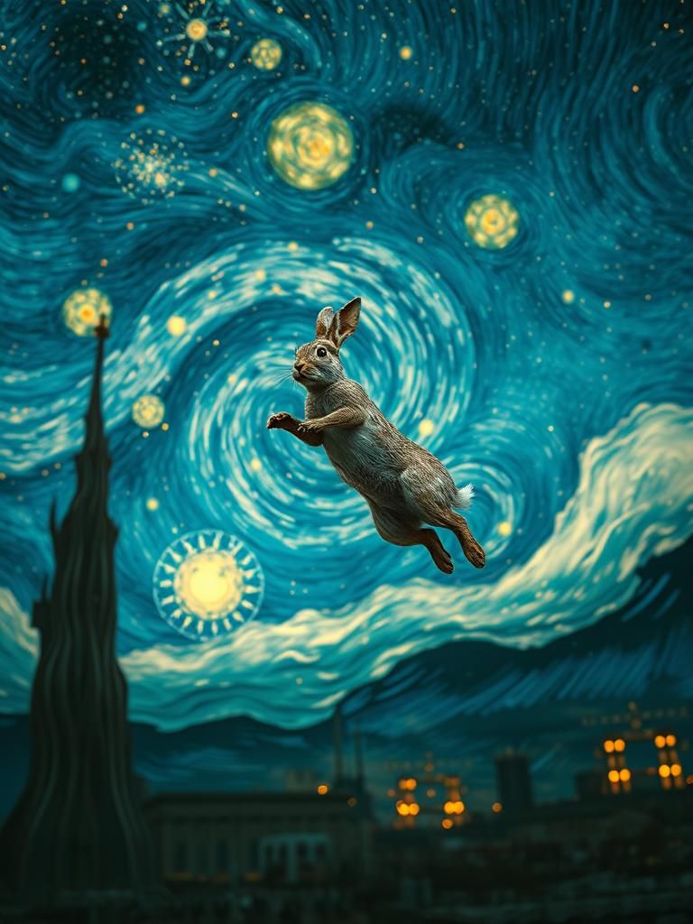 Cybernetic Rabbit Jumps in Starry Sci-Fi Sky