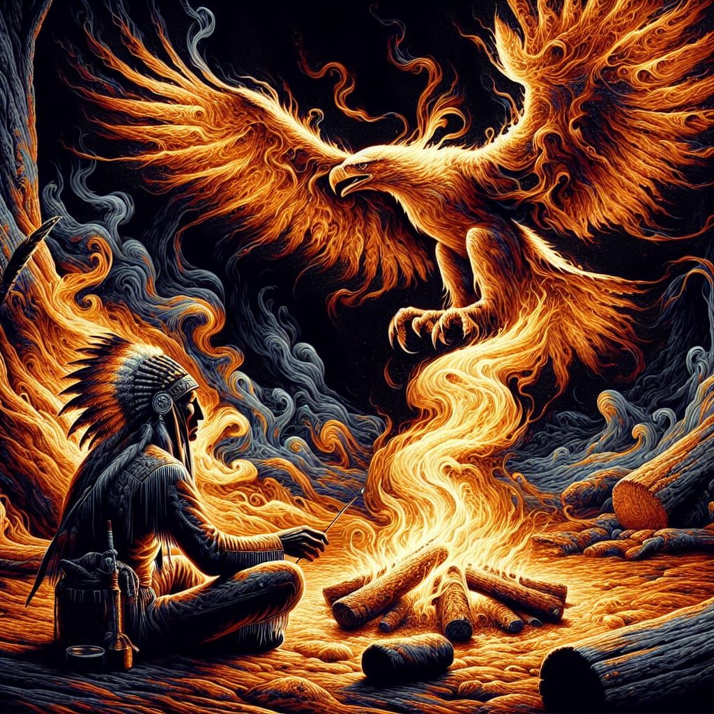 Native American Chief and Eagle Spirit, Detailed Illustratio...