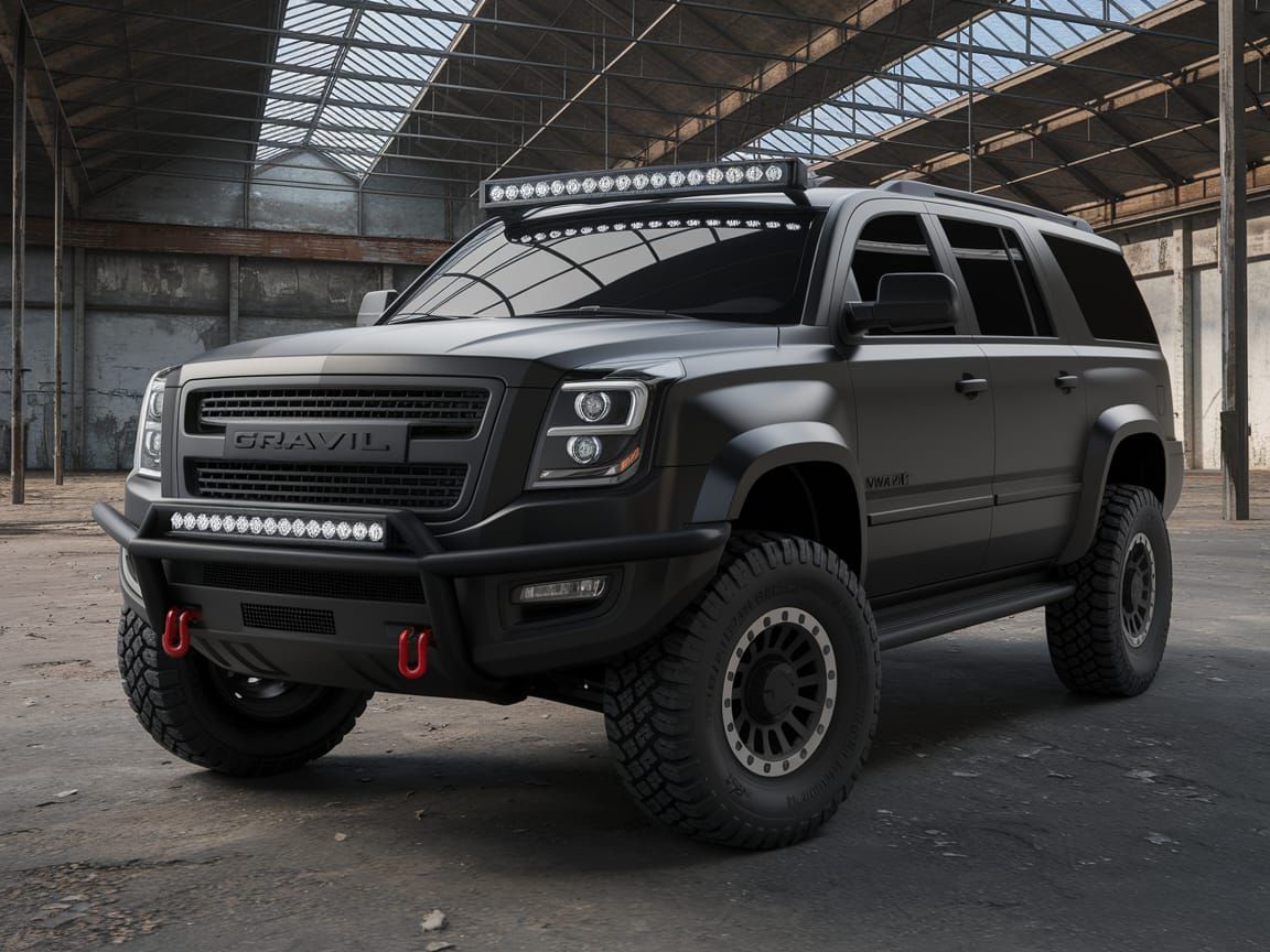 Armored 6-Wheeled SUV in Warehouse Setting