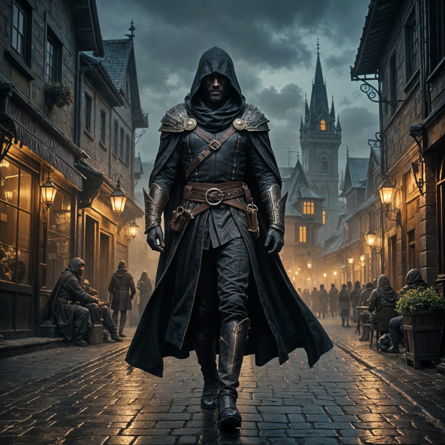 Dark Fantasy Epic Male Shadow Bandit in Medieval Town