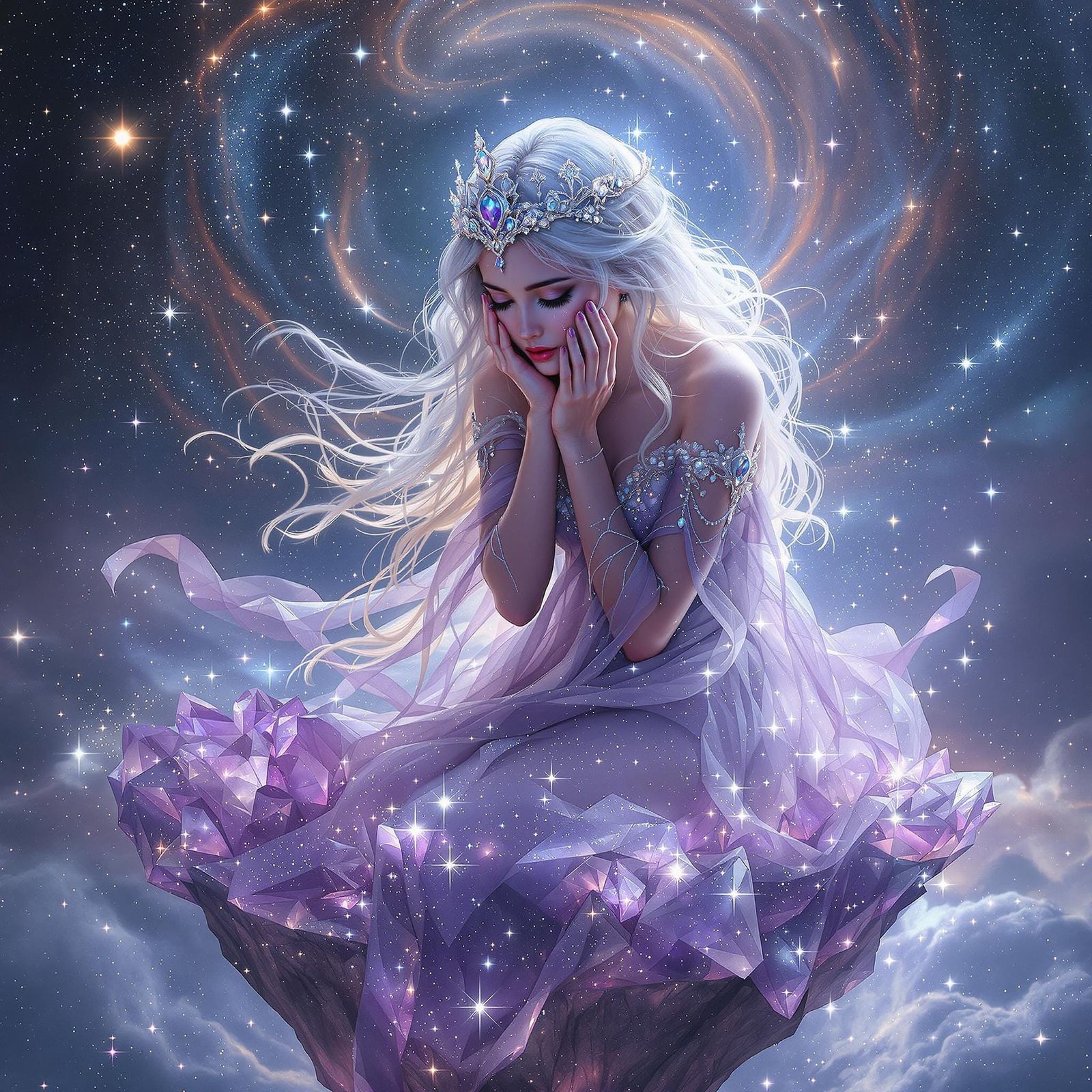Crystal Maiden Weeping Starlight Tears in Cosmic Scene