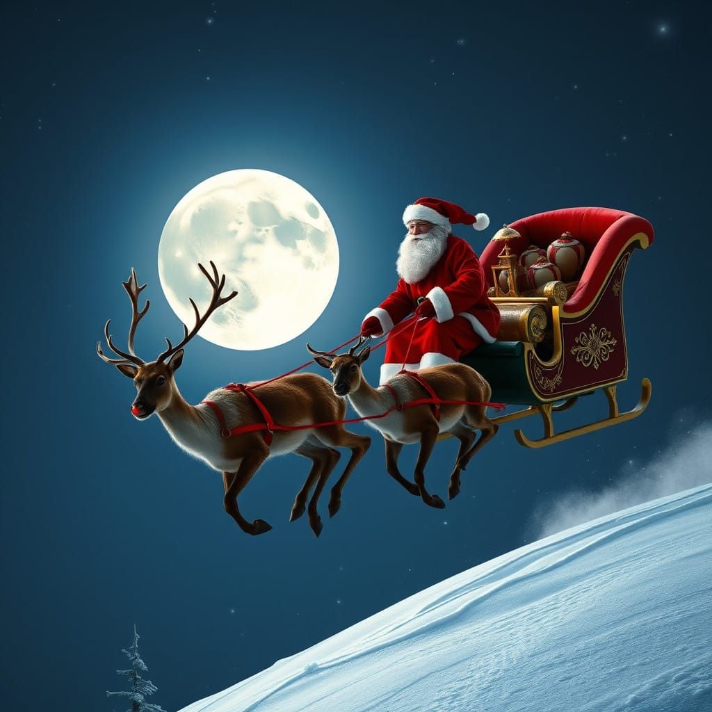 Santa's Sleigh in Flight, a Cyberpunk-Inspired Scene