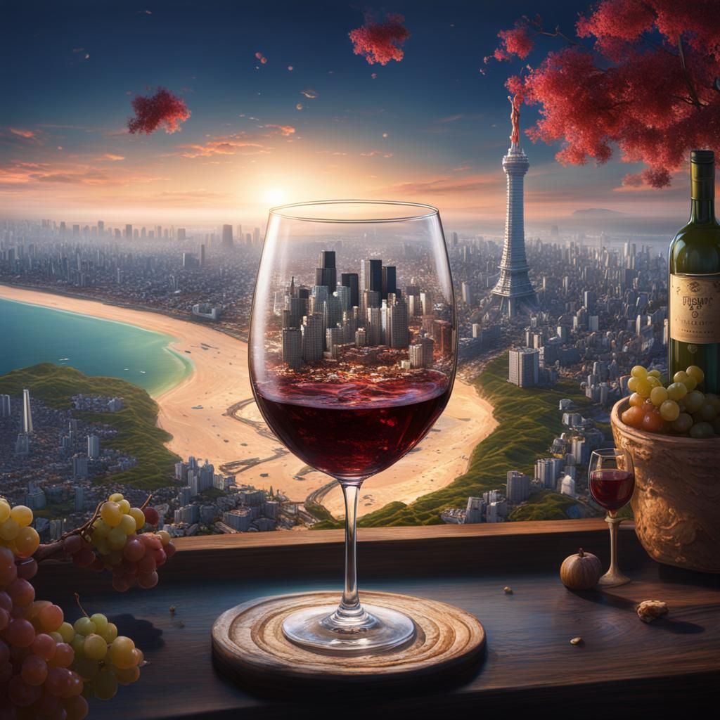 Tokyo Beach in Wine Glass: Digital Matte Painting