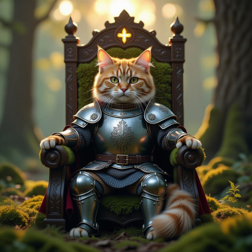 Regal Ginger Cat Knight on Moss Throne
