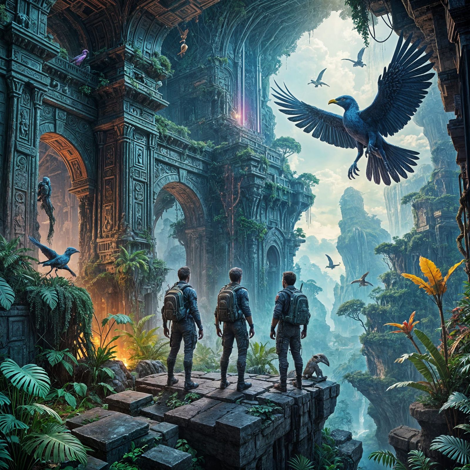 human explorers on strange ancient ruins ...