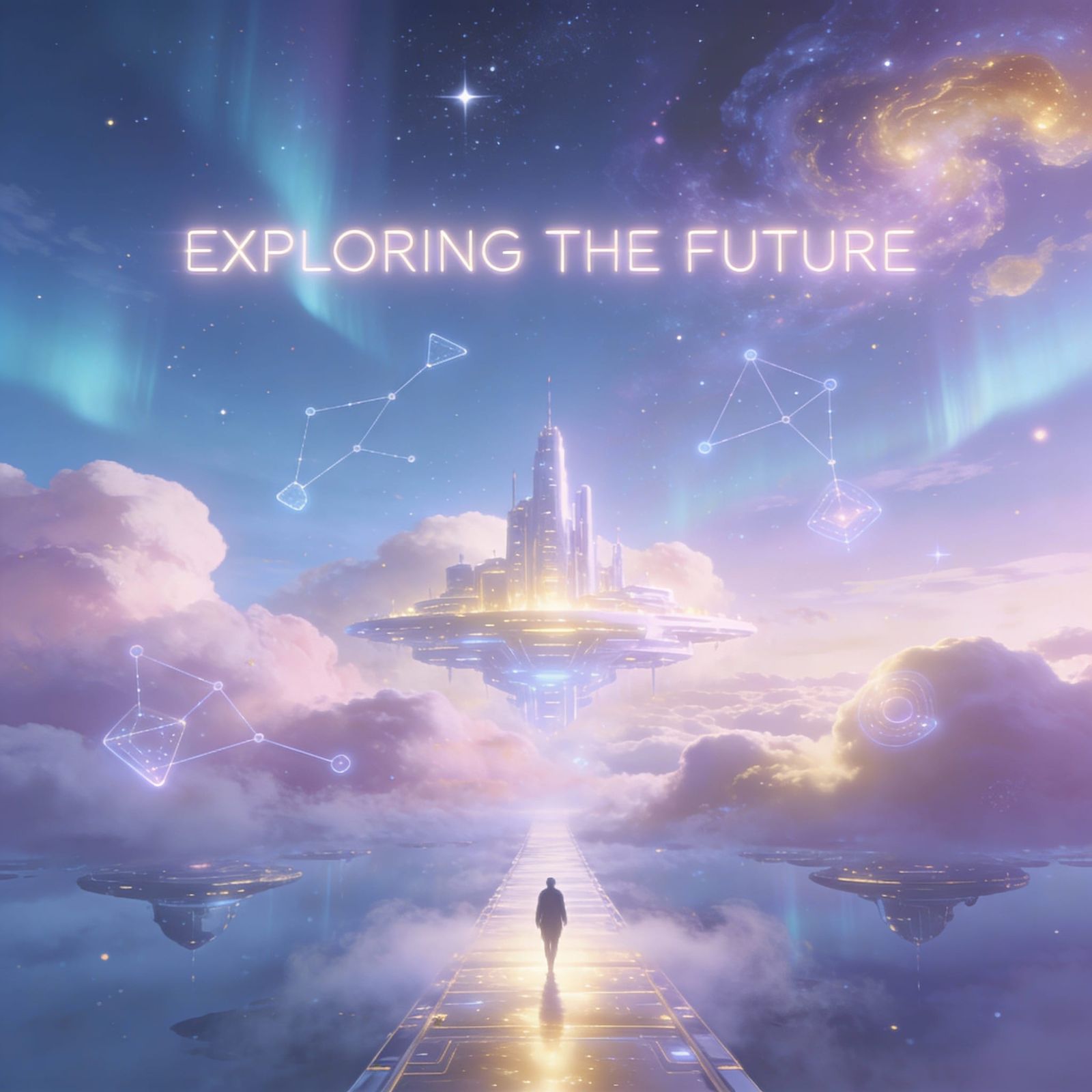 Futuristic Cityscape with Figure on Light Pathway