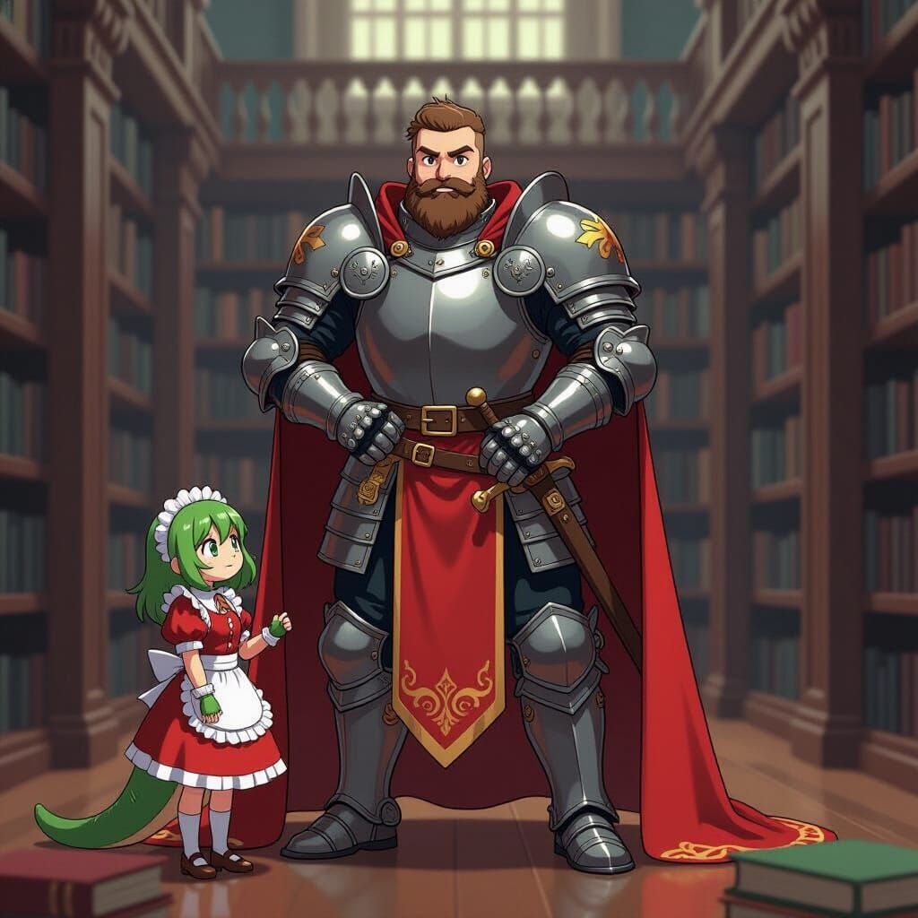 Cute Knight and Lizard Girl in Anime Library