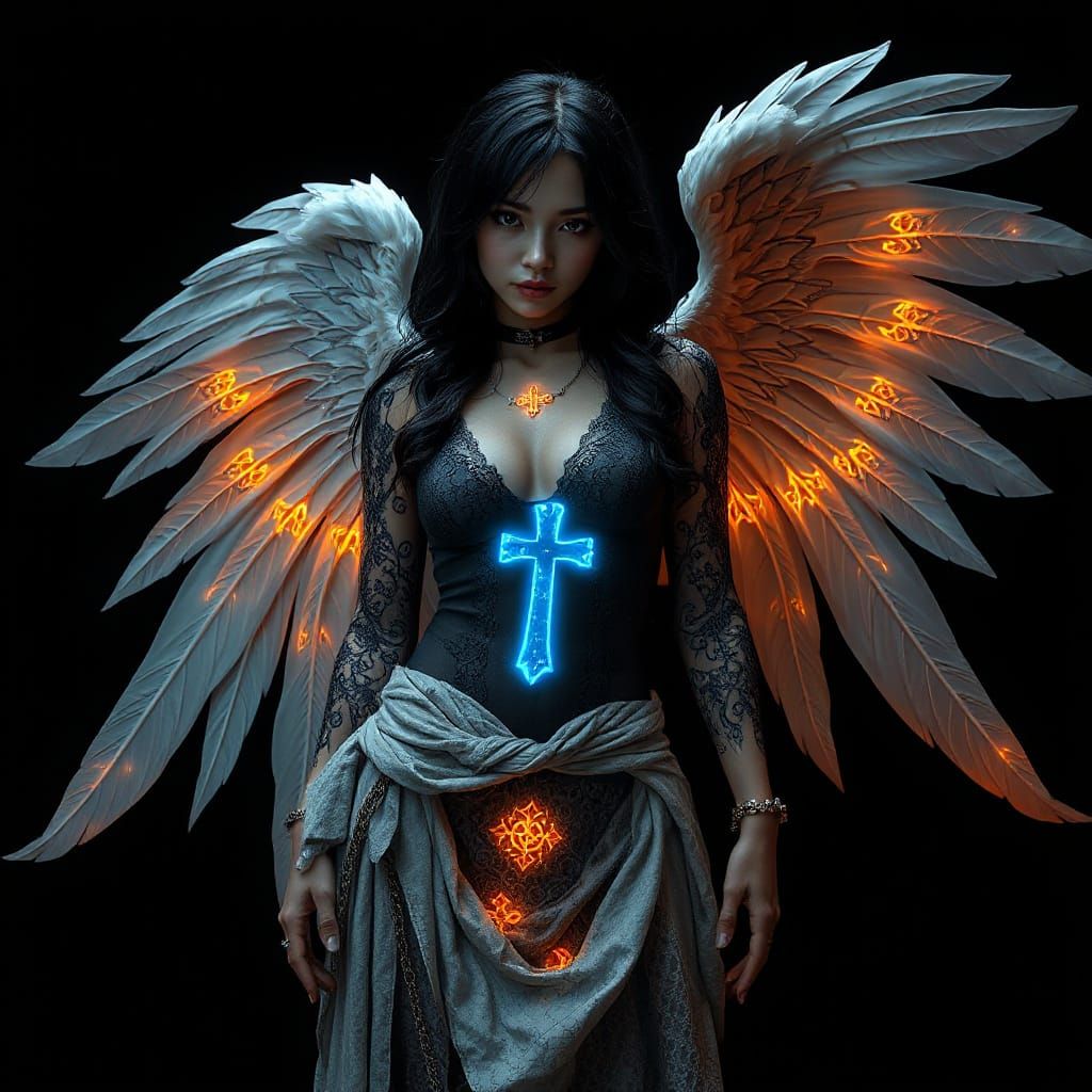 Ethereal Goth Angel in Azure Robe with Bioluminescent Tattoo...