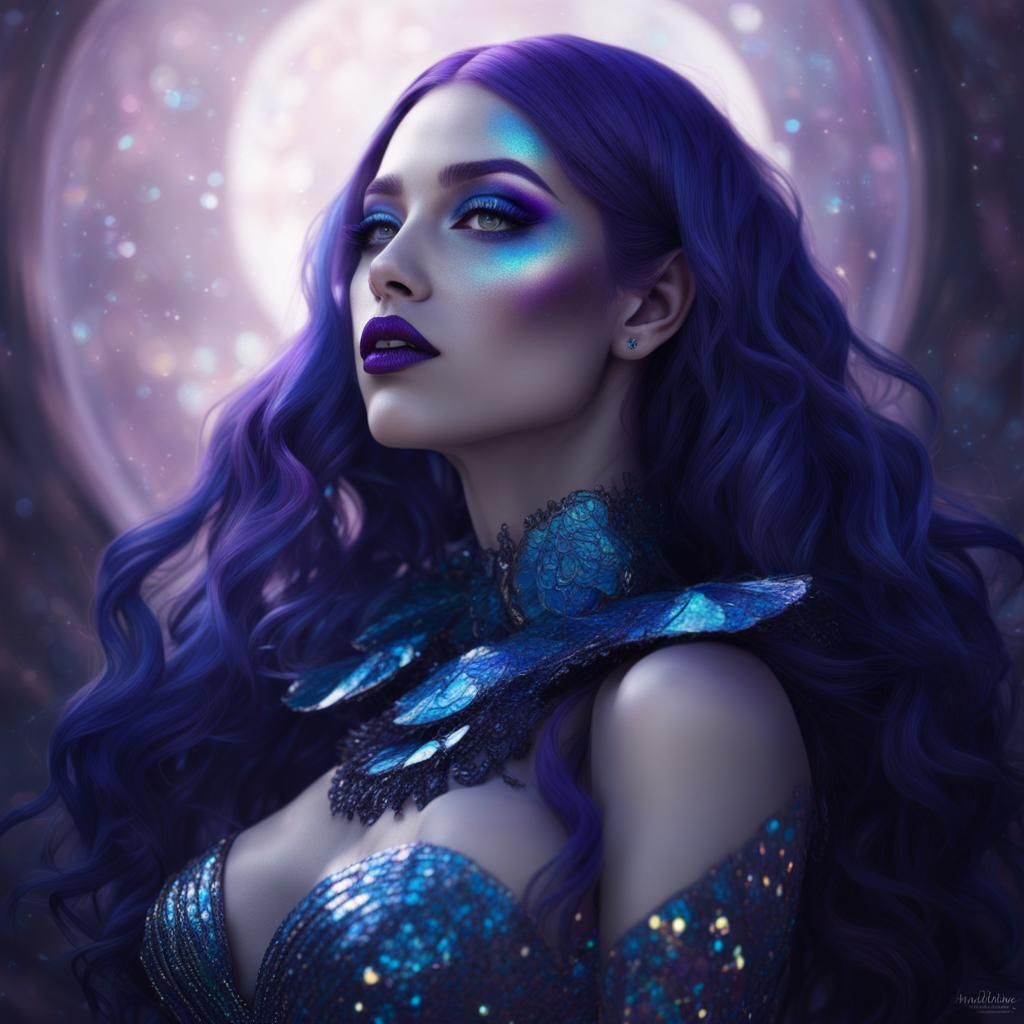 Ethereal young lady with cobalt blue hair and blue eyes with purple eyeshadow and purple eyeliner and purple lipstick an...