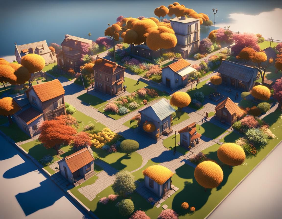 Harmonious Flower City with People and Animals