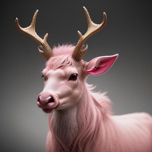 Hyperrealistic Pink Deer with Golden Horns