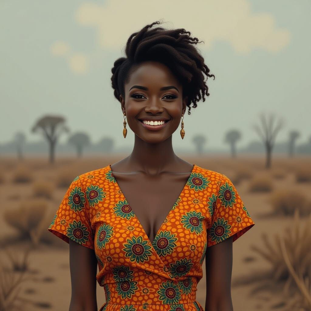 African Woman Smiling in Haunted Landscape, Surreal Art