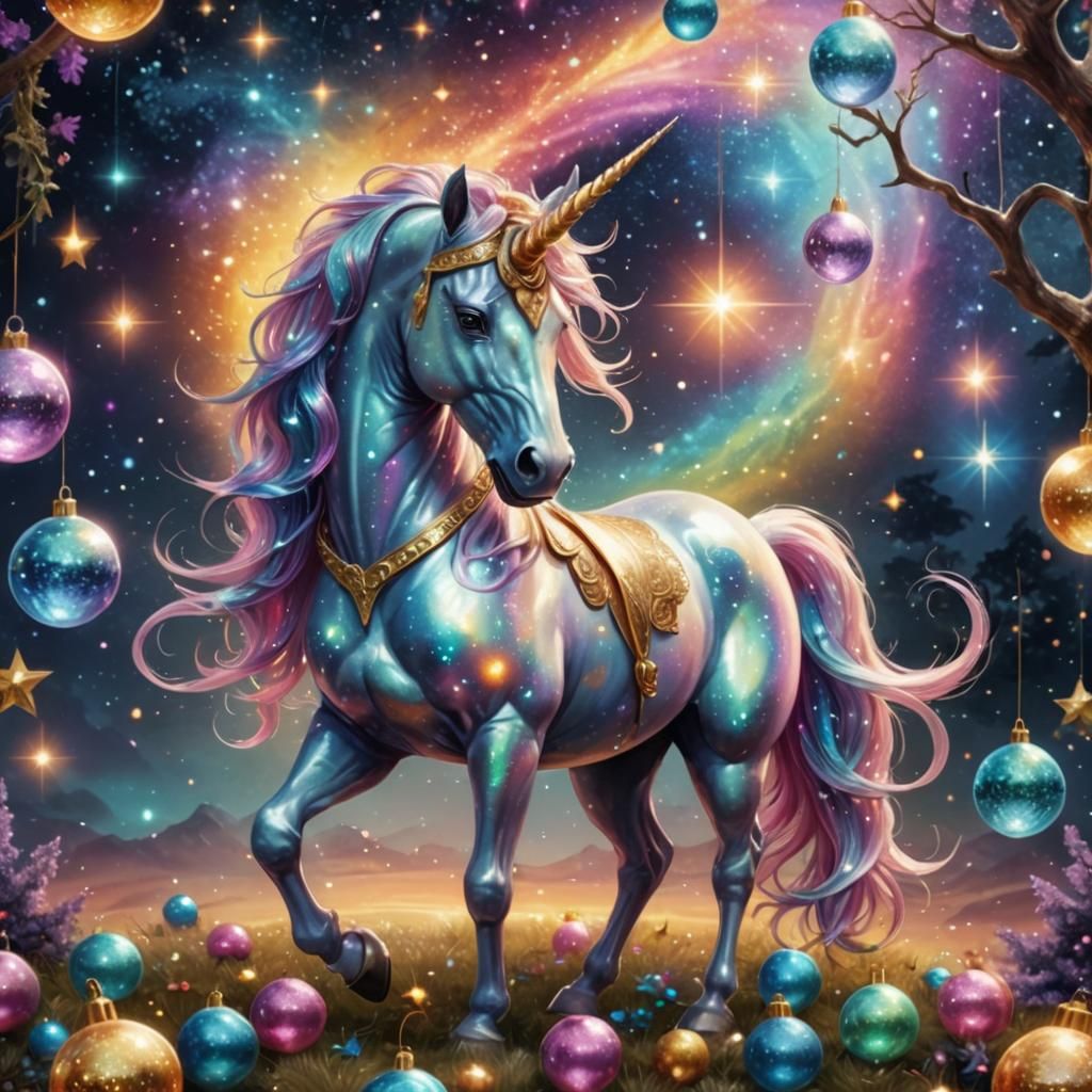 Fantastical Unicorn with Glass Ornaments in Astral Style