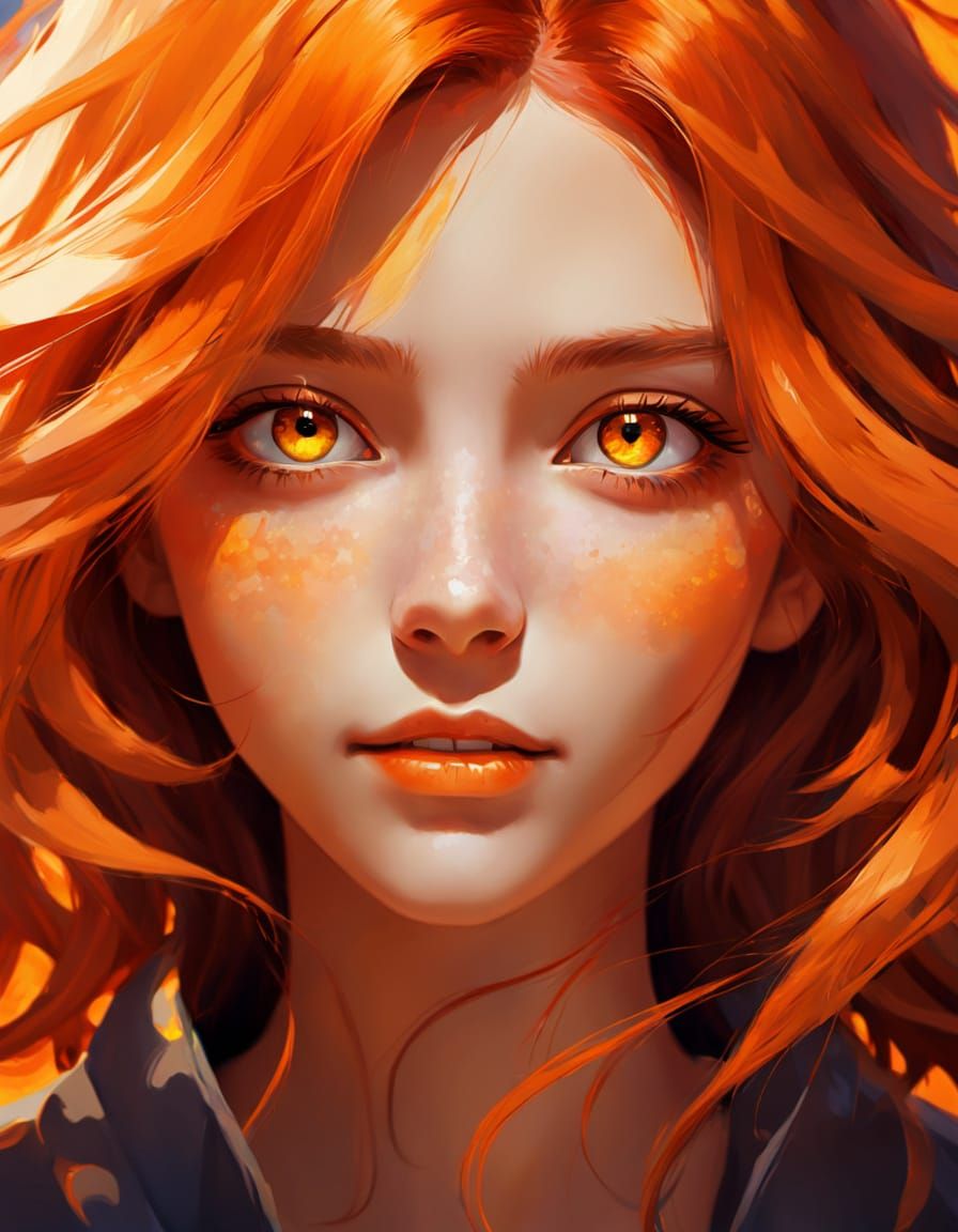 Anime Woman with Orange Hair, Digital Oil Painting