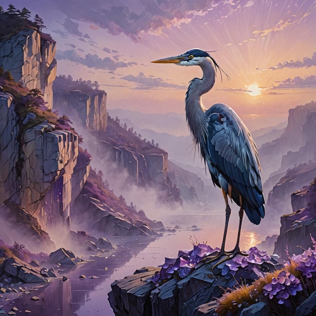 Amethyst Heron on Misty Cliff in Oil Painting Style
