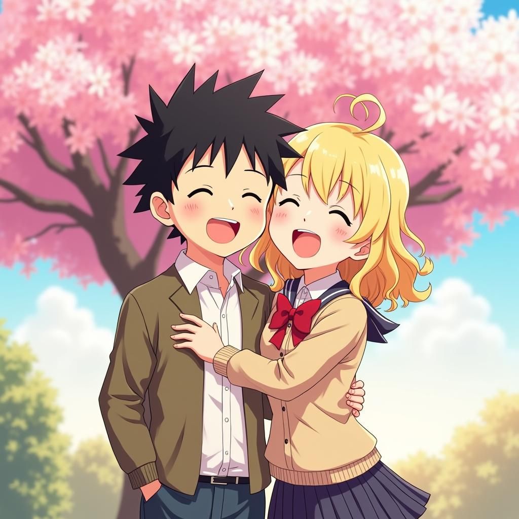 Anime Twins Embrace Under Cherry Blossoms